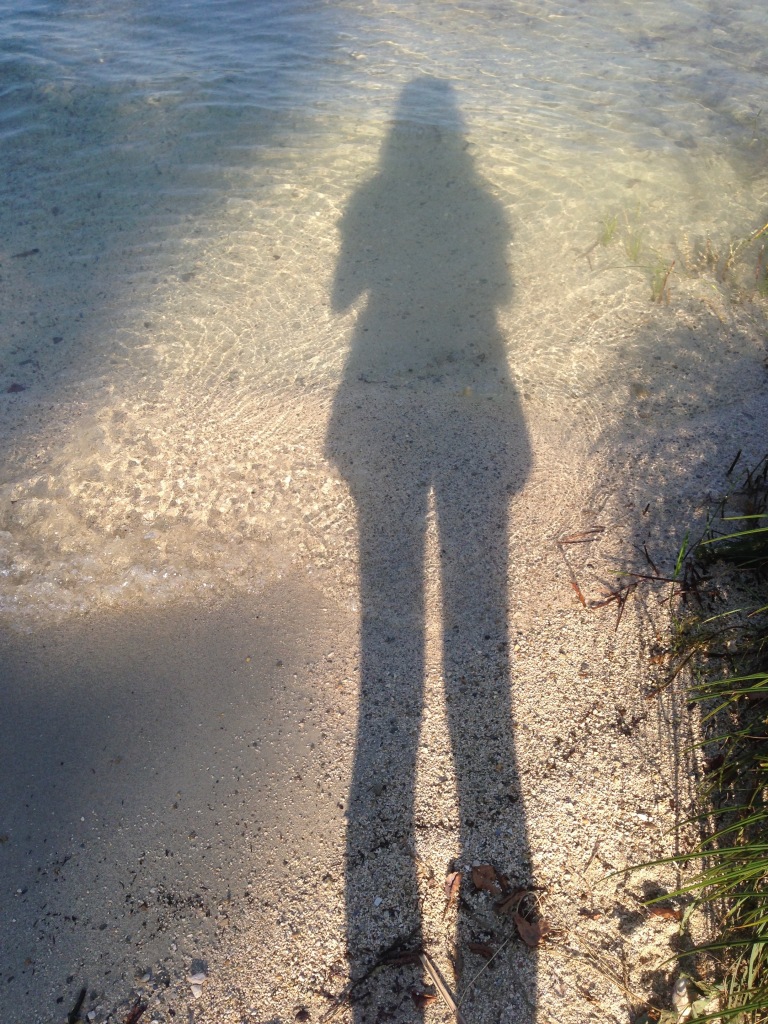 A shadow of a woman in a clear, shallow part of a lake.